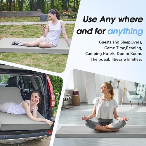 GREY CYMULA Memory Foam Camping Mattress Pad,3inch Sleeping Pad for Camping,Non-Slip Bottom Floor Cot Car Mattress Bed with Retaining Portable Roll up Mattress Pad Mat for Travel Truck Guest Bed Tent