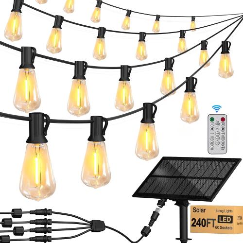 Size 60ft Stright Solar Powered String Light 240FT with Remote Control 8 Light Modes, Weatherproof Shatterproof ST38 LED Bulb, Total 60 Sockets, 1 to 4 Splitter cord String Lights (End to End 60FT, Total 240FT)