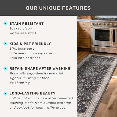 Size large Black Farmhouse Washable Area Rugs for Living Room, Bedroom, Dining Room Kitchen Table Rug for Under Table, Office, Dark Charcoal Tumble Stain Resistant Non-Slip Large Washable
