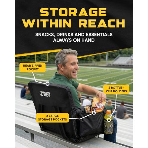 BRAWNTIDE Stadium Seat for Bleachers with Back Support - Wide Padded Reclining Bleacher Seat, Portable Folding Stadium Chair with Armrests, Hooks, Straps, Cup Holders & Pockets (Black, 23)