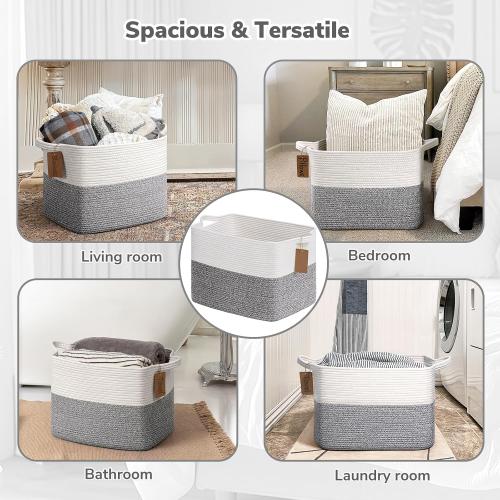 Goodpick Woven Storage Basket, Cotton Rope Baskets with Handles, Toy Baskets Storage Kids, Blanket Basket for Living Room, Bedroom, Gray and White, 18 x 14 x 12 Inches
