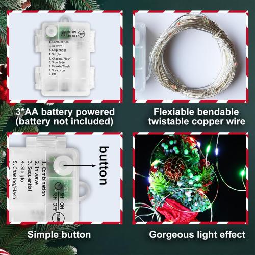 Yayfazy Christmas Lights Indoor Battery Operated, Red White Green Mini Copper Fairy Lights, 2PACK Total 200LED 65.6Ft 8 Mode Lights for Bedroom, Christmas Tree, Table