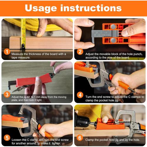 Pocket Hole Jig System Kit, Pocket Screw Jig with 11 Inch Clamp, Square Driver Bit, Hex Wrench, Depth Stop Collar, Step Drill Bit, Coarse Square Driver Screws, All In One for Joinery Work