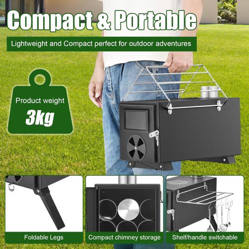 Portable Wood Stove, Foldable Hot Tent Stove, Wood Burning Stove with Chimney, No Smoke Leakage & Easy to Install, for Camping, Hunting, Ice Fishing, Cooking