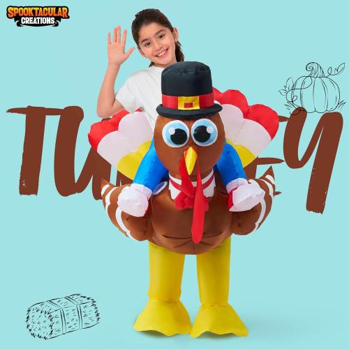 One Size Spooktacular Creations Thanksgiving Turkey Inflatable Costume for Kids, Blow up Costume Riding a Turkey Ride-on for Halloween Party, Cosplay event, Halloween Inflatable Costumes for Boys and Girls