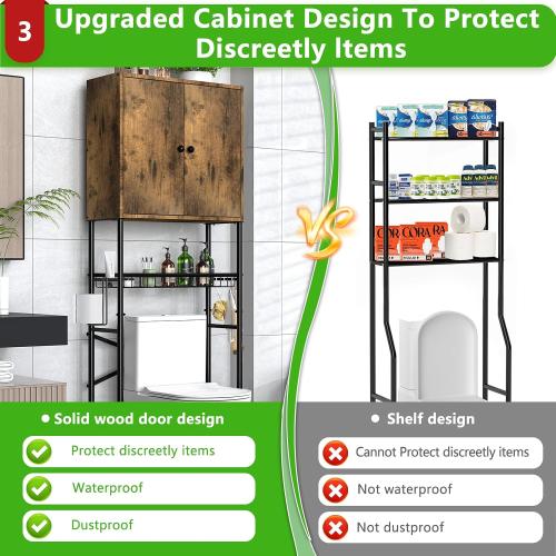 Over The Toilet Storage Cabinet - 2-Door Bathroom Organizer Shelf, Freestanding Space-Saver Toilet Rack with Privacy Protection, Water-Resistant Above Toilet Storage Cabinet for Small Bathrooms(Brown)