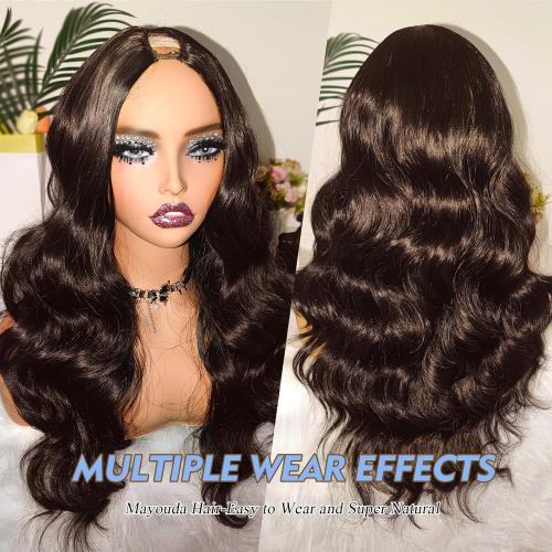 Mayou Dark Brown V Part Wig Long Body Wavy Upgrade U Part Synthetic Hair for Black Women 24Inch Full Head Clip In Hair Glueless Natural Wavy Women Wigs For Daily Use