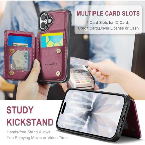 Vinich for iPhone 17 Wallet Case with Card Holder, RFID Blocking Credit Slots Kickstand Shockproof Phone Cover Fit for iPhone 17 6.3 Wine Red