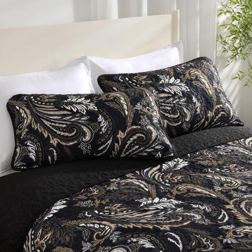 WONGS BEDDING Boho Quilt Set Queen,Black Paisley Floral Pattern Bedspread Coverlet Set with 2 Pillowcases,3 Piece Lightweight Microfiber Bohemian Quilt Bedding Set 96×90