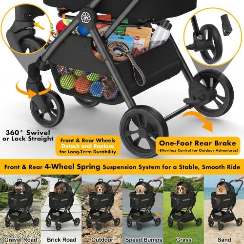 PAWZIDEA Pet Stroller 4-in-1, Foldable Dog Stroller with Detachable Carrier | Escape-Proof No-Zip Canopy, Portable Travel Crate & Car Seat Combo, for Small to Medium Dogs & Cats up 33 lbs, Storage Basket