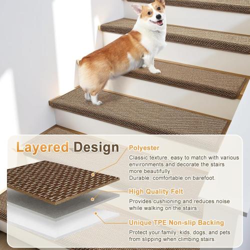 Bullnose Carpet Stair Treads Non Slip for Wooden Steps Indoor, 9.5 x 35 14 Pieces, Extra Wide Bull Nose Carpet Runners for Wood Stairs, Step Covers, Stair Tread Rugs, Washable, Brown