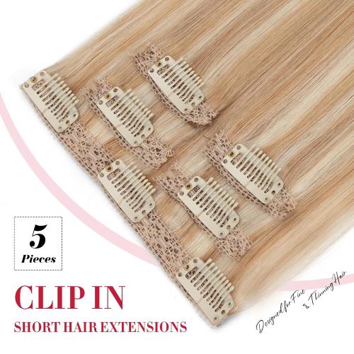 Short Clip in Hair Extensions Real Remy Human Hair,S-noilite Short Hair Extensions Clip ins,Mini Clip in Extensions for Add Volume and Highlights,5 Pieces 36g 10 inch Gold Blonde Mixed Bleach Blonde