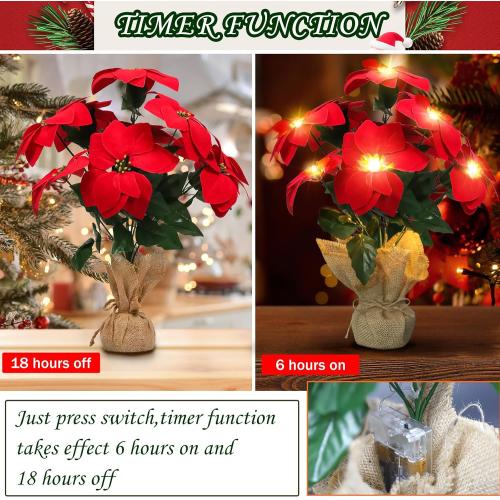 Christmas Decorations 20 Inch Pre-Lit Artificial Poinsettia Plant - 50 LED Lighted Faux Poinsettia Flowers Potted (Red,2 Pack)