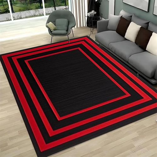 3x4 Modern Geometric Area Rug, Black Carpet, Red Border Line Design, with Non-Slip Backing, Stain Resistant and Washable, Suitable for Bedroom, Living Room, Kitchen, Hallway, Entryway Rug