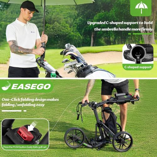 EASEGO Golf Push Cart 3 Wheel : Golf Bag Cart Foldable with Phone Holder/Cup/Umbrella Holder Compact Golf Pull Carts Quick Fold Golf Caddy Push Carts with Large Wheelbase for Different Terrain