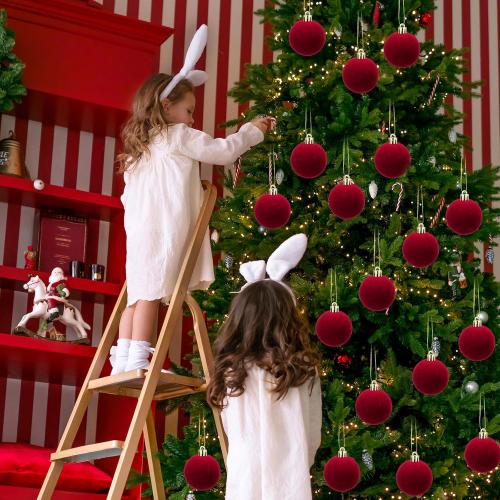 Menkxi 15 Pcs Christmas Velvet Balls 1.97 Flocked Christmas Hanging Ornaments Handmade Velvet Balls Xmas Tree Ornaments Xmas Tree Bulbs for Wedding Anniversary Party (Red)