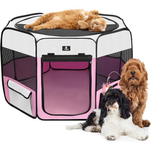 X-ZONE PET Dog Playpen Portable Pet Play Pens for Puppies, Cat, Rabbit, Chicks, Foldable Exercise Play Tent Kennel Crate, Indoor/Outdoor Travel Camping Pink Large