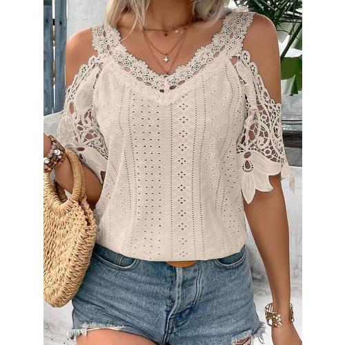 Flamingals Women's Cold Shoulder Eyelet Short Sleeve Hollow Out Lace Floral Sleeveless Blouse Top Large
