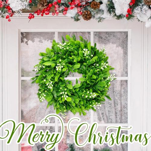 2 Pcs Christmas Boxwood Wreath Artificial 10 Inch Green Leaves for Front Door Cabinets Wreath Indoor Outdoor Wall Decor Christmas Wall Home Kitchen Decoration