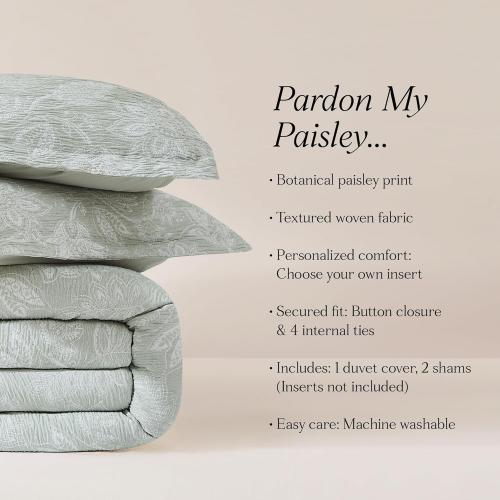 Lush Decor Floral Jacobean Gauze Jacquard Duvet Cover 3 Piece Set King Sage - Floral Duvet - Green Bedding Set - Vintage & Coquette Decor