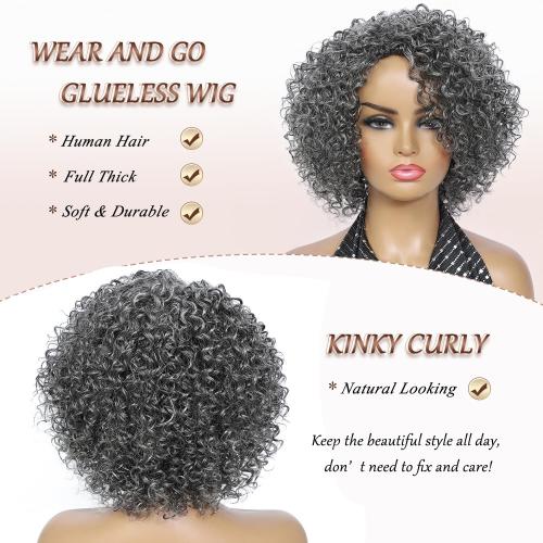 HUA Grey Wig for Women Human Hair Glueless Kinky Curly Salt and Pepper Wigs for Black Women Short Curly Wear and Go Glueless Wig for Old Lady Non-Lace Bob Gray Wigs Human Hair Mixed