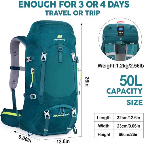 N NEVO RHINO Internal Frame Hiking Backpack 50/60/65/70/80L, Mountain Climbing Camping Backpack Daypack Waterproof Rain Cover