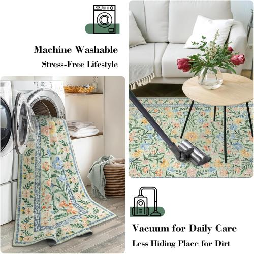 Wonnitar 10x14 Machine Washable Area Rugs, Green Floral Large Rugs for Living Room, Ultra-Thin Foldable Boho Flower Print Bedroom Carpet for Dorm Apartment Office