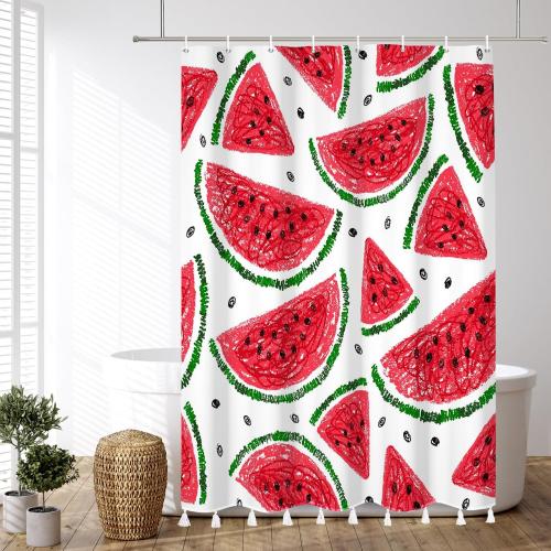 AOFOTO Watermelon Pattern Printed Shower Curtain with White Tassel Cartoon Red Watermelon Summer Theme Shower Curtains for Bathroom Waterproof Fabric Bath Curtain Kid's Bedroom Decoration 47x70 Inches