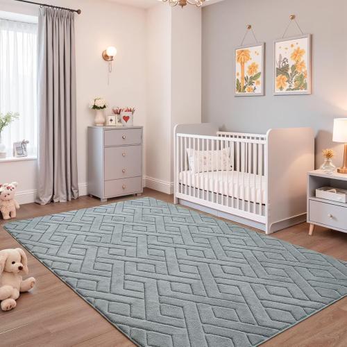 5x7 Grey Washable Area Rug for Bedroom Living Room, Modern Geometric Shag Non-Slip Rugs, Fluffy Plush Soft Memory Foam Carpet for Kids Boys Room Nursery Decor