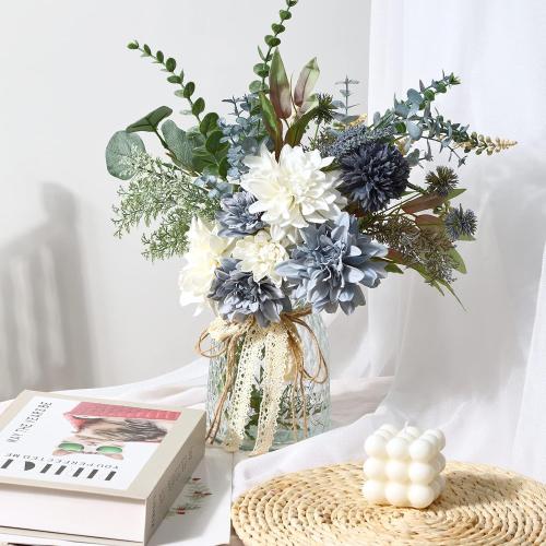 White and blue CEWOR Fake Flowers in Vase, Artificial Flowers Arrangement in Vase, Fake Floral Table Centerpieces Decor for Kitchen Farmhouse Coffee Table Living Room Bathroom Plant Decor