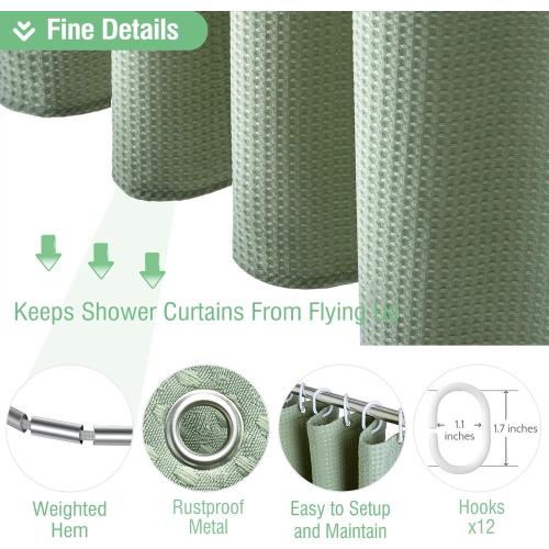 Dynamene Sage Green Shower Curtain - Waffle Textured Heavy Duty Thick Fabric Shower Curtains for Bathroom, 256GSM Luxury Weighted Polyester Cloth Bath Curtain Set with 12 Plastic Hooks，72Wx72H,Green
