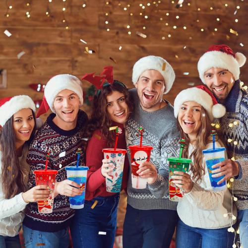 Christmas Color-Changing Cups 5-Pack – 24oz Reusable Plastic Tumblers with Lids, Straws & 5 Straw Covers for Merry Xmas, Holiday Parties & Secret Santa Gifts