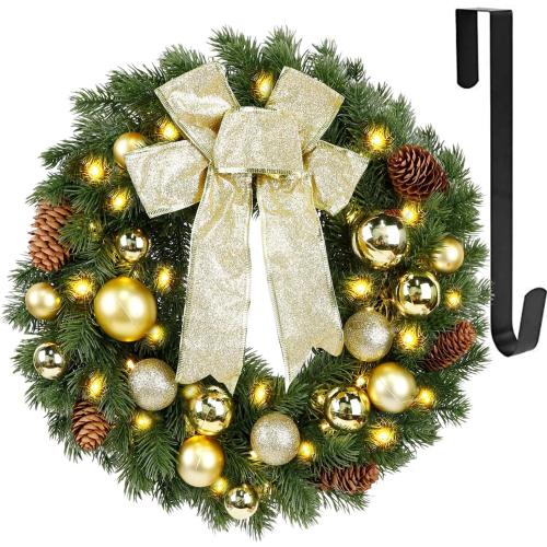 Hausse Lighted Christmas Wreath with Metal Hanger, Pre-lit Xmas Wreath with Large Golden Bow & Balls, Battery Operated with 40 LEDs Lights, for Front Door Gate Wall Christmas Party Decorations