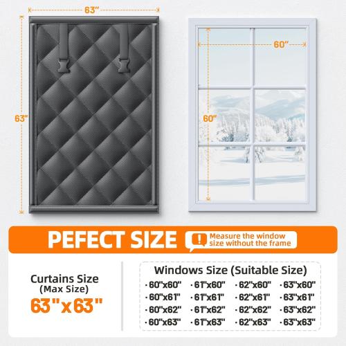 Window Insulation Kit for Winter 63x63 Cold Weather Thermal Curtain with Heavy Cotton, Insulated Window Cover for Winter & Windows Draft Blocker for Winterizing Windows in Home RV Basement–Black