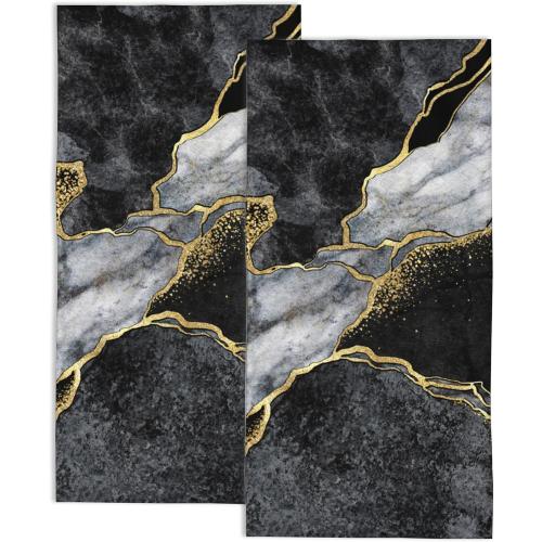 2 Pack Hand Bath Towel,Black and White Marble Fingertip Towel Decorative Bath Towel Bathroom Kitchen Towel Set Highly Absorbent SPA Gym Towels 14x28 Inch