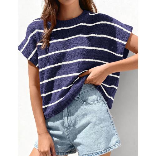 Max studio Womens Summer Short Sleeve Tops 2026 Trendy Crew Neck Striped Knit Sweater Business Casual Spring Clothes size xs