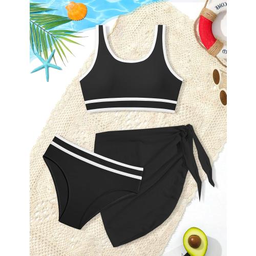 Size S Girls Swimsuit Double Strap High Waist Sporty Bikini Swimsuits Swim Cover Up Skirt 3 Piece Set