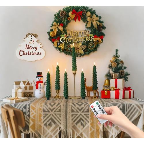 Fo32won Christmas Tree Shaped Flameless Candlesticks Battery Operated with Remote and Timer, Set of 4 Real Wax LED Taper Candles with 3D Flickering Wick for Christmas Decoration Gift