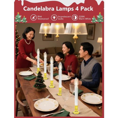 4 Pack Christmas Battery Operated Window Candles with Timer (6-18H), Wireless Window Candle Light with Gold Candlestick Base, C26 LED Bulb Candle Lamp for Home Party Valentines Decor, 4 Suction Cups