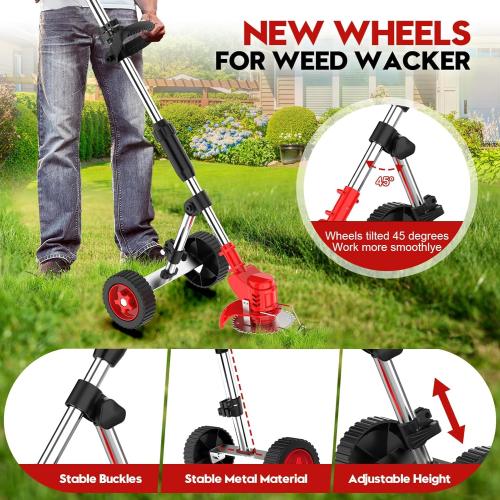 Used Electric Weed Wacker Cordless On Wheel, Lightweight Weed Eater Battery Powered 4000mAh 21V, 4 in 1 Lawn Edger Weed Trimmer Brush Cutter Mower, No String Grass Trimmer Wheel Yard Garden Tool