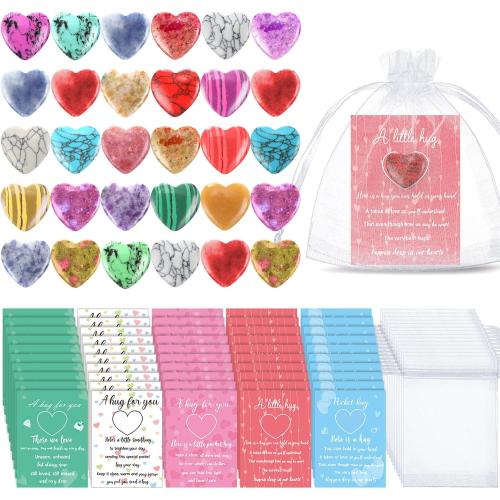 Tondiamo 60 Sets Pocket Hug Valentines Gift Bulk, 0.8 Inch Natural Heart Crystal Worry Stones with Hug Cards and Organza Bags, Small Cute Love Pocket Tokens for Friend, Couples, Office Employee, Staff