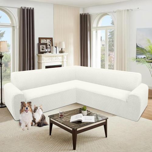 ALIECOM Extra Soft Corner Sectional Sofa Covers L Shaped Couch Cover Sectional Slipcovers with Non Slip Foams Jacquard Stretch U Shape Furniture Protector for Pets Dogs (Ivory White, Large)