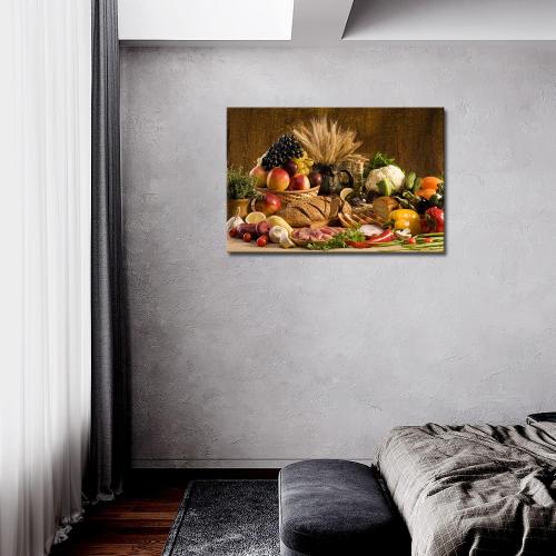 Food Wall Art Fruit Canvas Dining Room Brown Picture Kitchen Wall Decor Various Fruit Bread in Basket On The Table Picture Print On Canvas Food for Living Room Office Home Decor