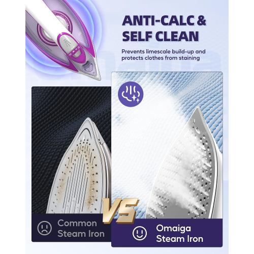 OMAIGA 1750W Steam Iron for Clothes, 450ml Large Water Tank, Self-Cleaning