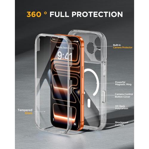Miracase Magnetic for iPhone 17 Pro Case 6.3 [Compatible with MagSafe] Full-Body Phone Case with Built-in Glass Screen Protector & Camera Control,Drop Proof iPhone 17 Pro Cover, Clear