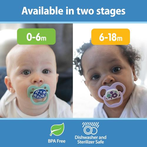 Dr. Brown's Advantage Glow-in-the-Dark Baby Pacifier, Fully Symmetrical Soother with Soft Silicone Bulb, Skateboard Snail-Blue Nature, 6-18m, BPA Free, 4 Pack