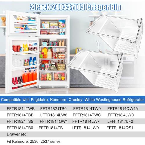 [2 PACK] UPGRADED 240337103 Crisper Bin Drawer Replacement for Frigidaire Kenmore Refrigerator Drawer Replacement, Fridge Drawer for Frigidaire Replacement Drawer Parts AP2115741, 240337100, 240337102