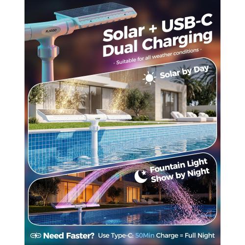 Solar Pool Fountain with Lights, Dual-Head Adjustable Spray & Timer, Remote Control, Auto Dusk Sensor, 10-Color LED Modes & 15°F Cooling Spray for Above & Inground Pools