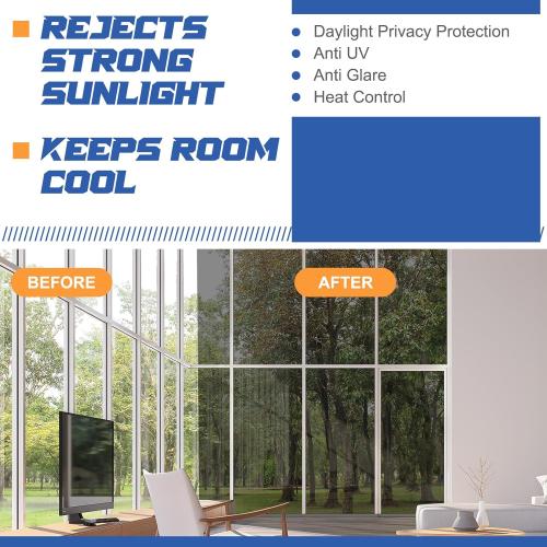 Pushglossy 36 Inch X 26 Ft One Way Window Tint Privacy Reflective Daytime Mirror Film Sun Blocking Thermal Insulated Film Heat Control Static Cling Anti UV for Home Office (Silver)