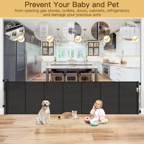 Reinforced 200 Inch Extra Wide Retractable Baby Gates to Prevent Crawling Through, Indoor/Outdoor Baby Gates for Decks, 16 ft Mesh Retractable Fence/Barrier/Blocker/Screen Gate for Garage, Black